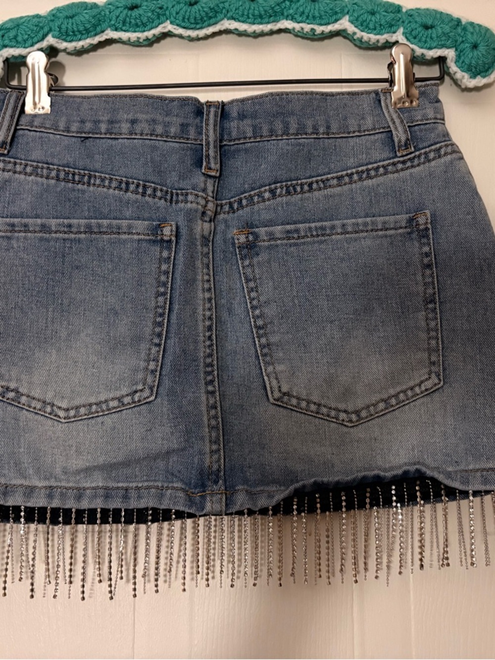 Sincerely Jules Light Blue Denim Mini Skirt with Rhinestone Fringe - Picture 4 of 4